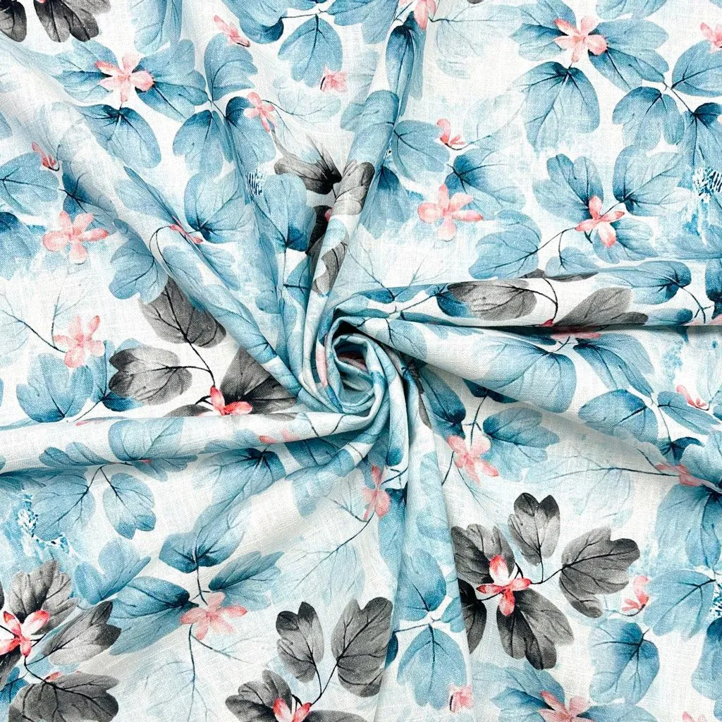 Dusky Blue and Grey Leaves Linen Blend Fabric