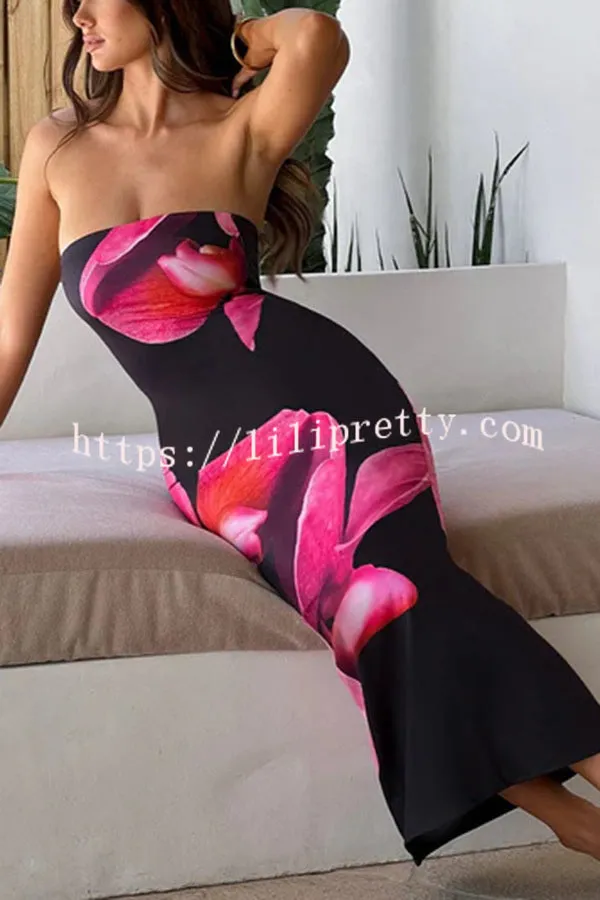 Emmaline Abstract Floral Print Bandeau Stretch Maxi Dress