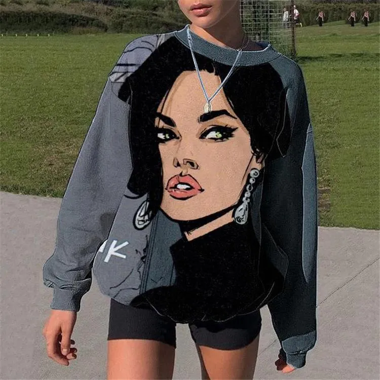 Fashion cartoon print round neck long sleeve sweater women