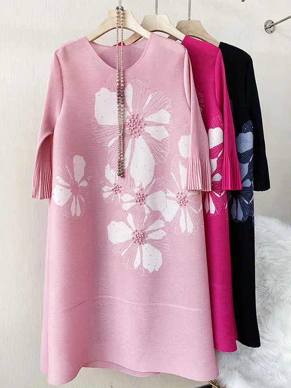 Flared Sleeves Loose Floral Printed Round-Neck Midi Dresses