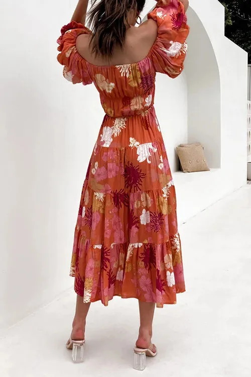 Floral Off Shoulder Shirring Maxi Dress