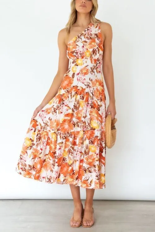 Floral One Shoulder Layer Maxi Dress