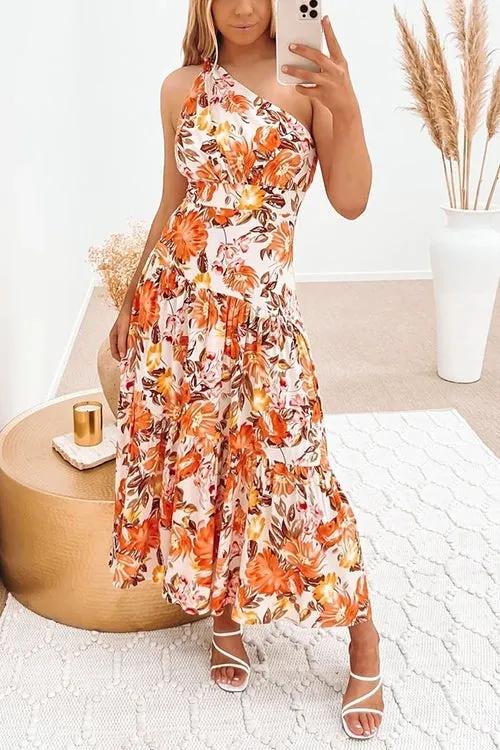 Floral One Shoulder Layer Maxi Dress