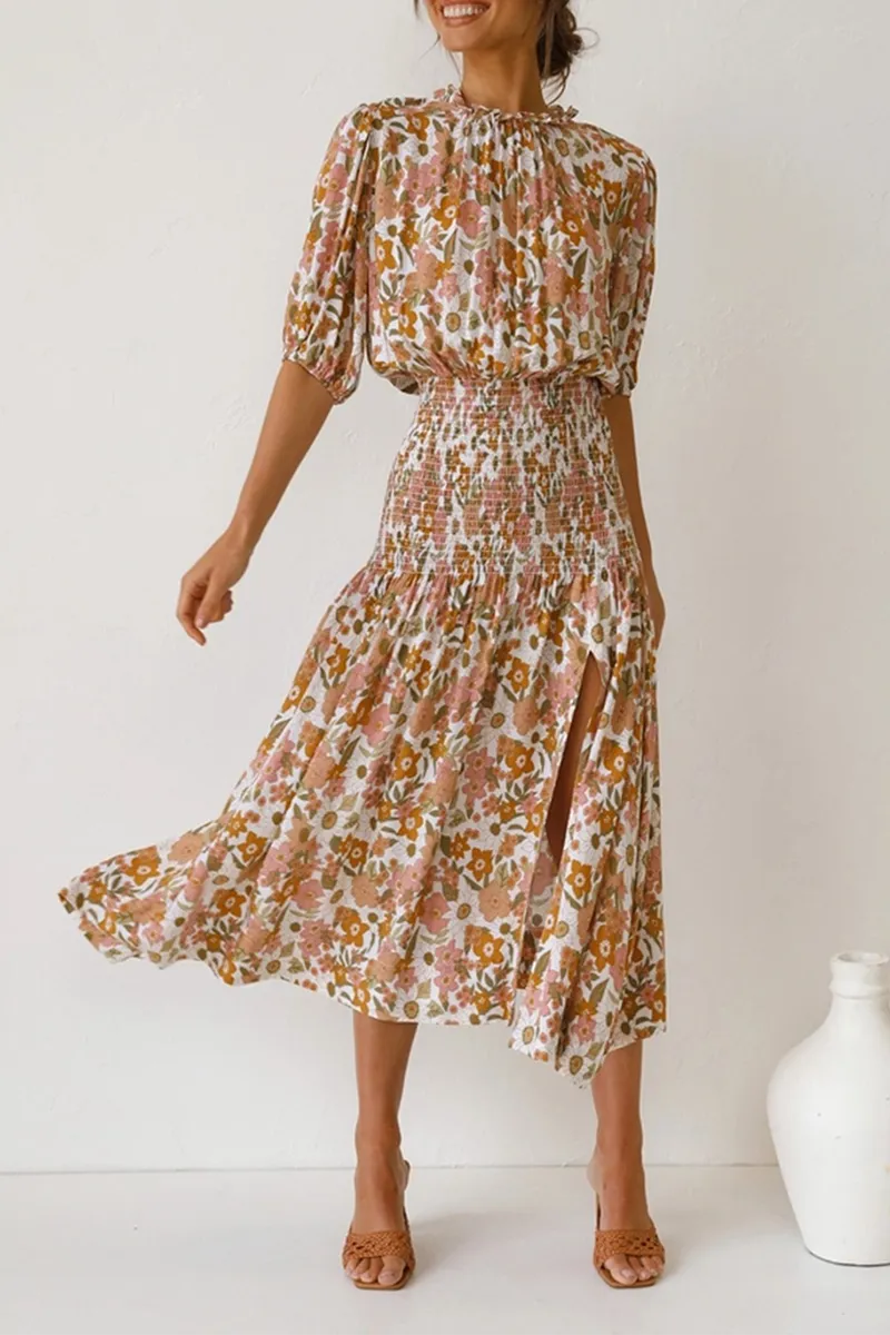 Floral Shirred Waist Slit Midi Dress