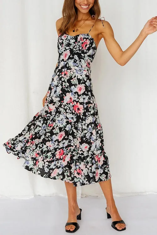 Floral Tie Straps Ruffles Midi Dress