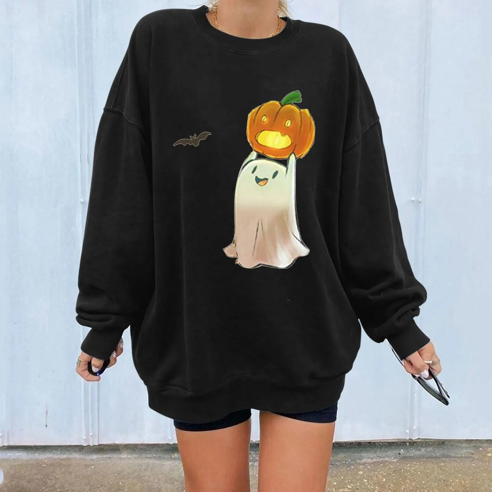 Halloween long-sleeved women plus velvet pumpkin long-sleeved skull sweater