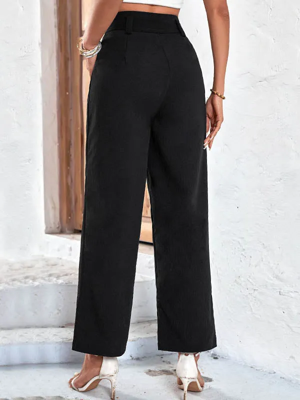 High Waisted Wide Leg Ribbed Solid Color Casual Pants Bottoms