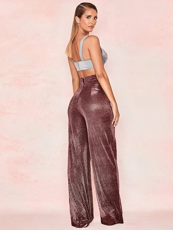 Hot Silver Wide Leg Pants High Waist Straight Ladies Casual Pants