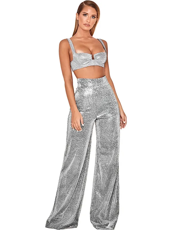 Hot Silver Wide Leg Pants High Waist Straight Ladies Casual Pants