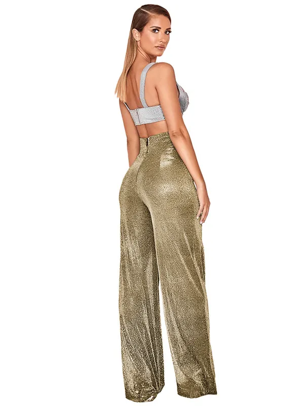 Hot Silver Wide Leg Pants High Waist Straight Ladies Casual Pants