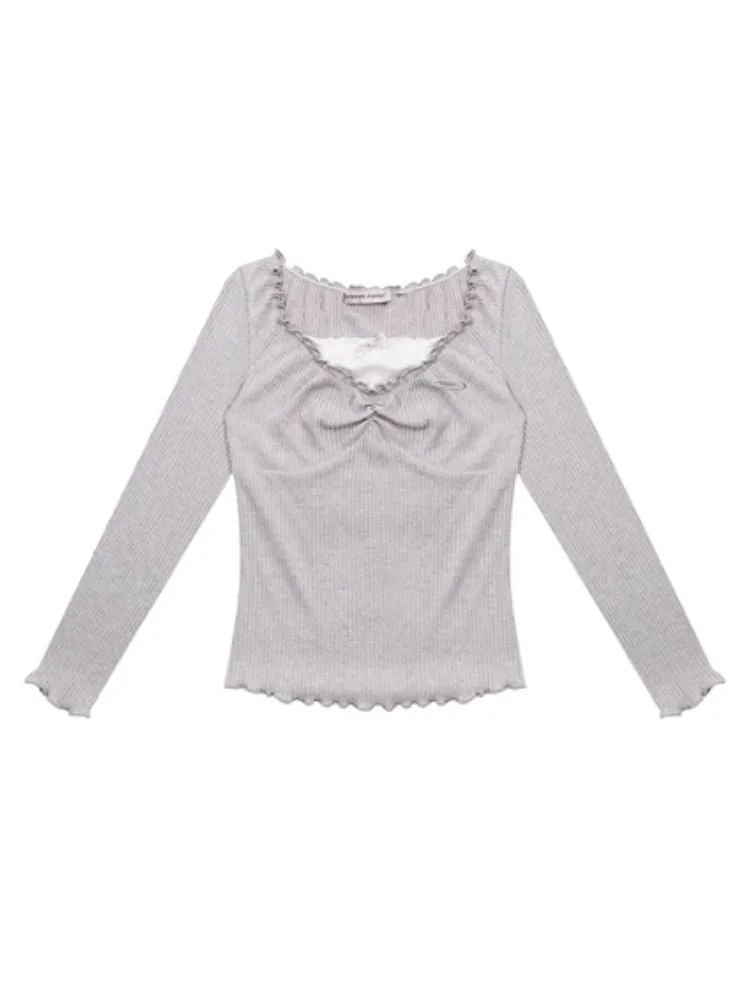 Lace Edge Long Sleeve T-Shirt Tops 【s0000006140】