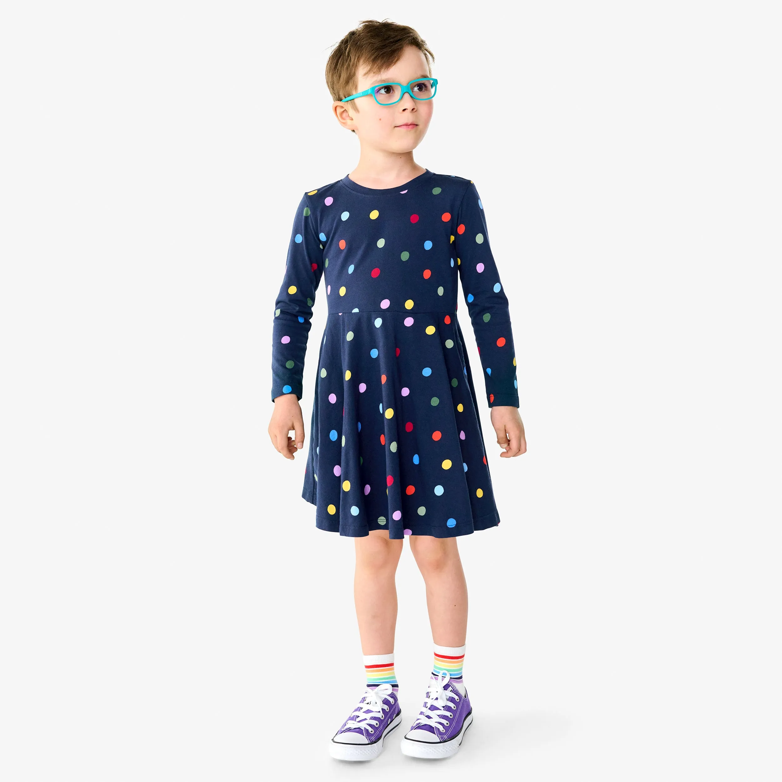 Long sleeve twirly dress in confetti dots