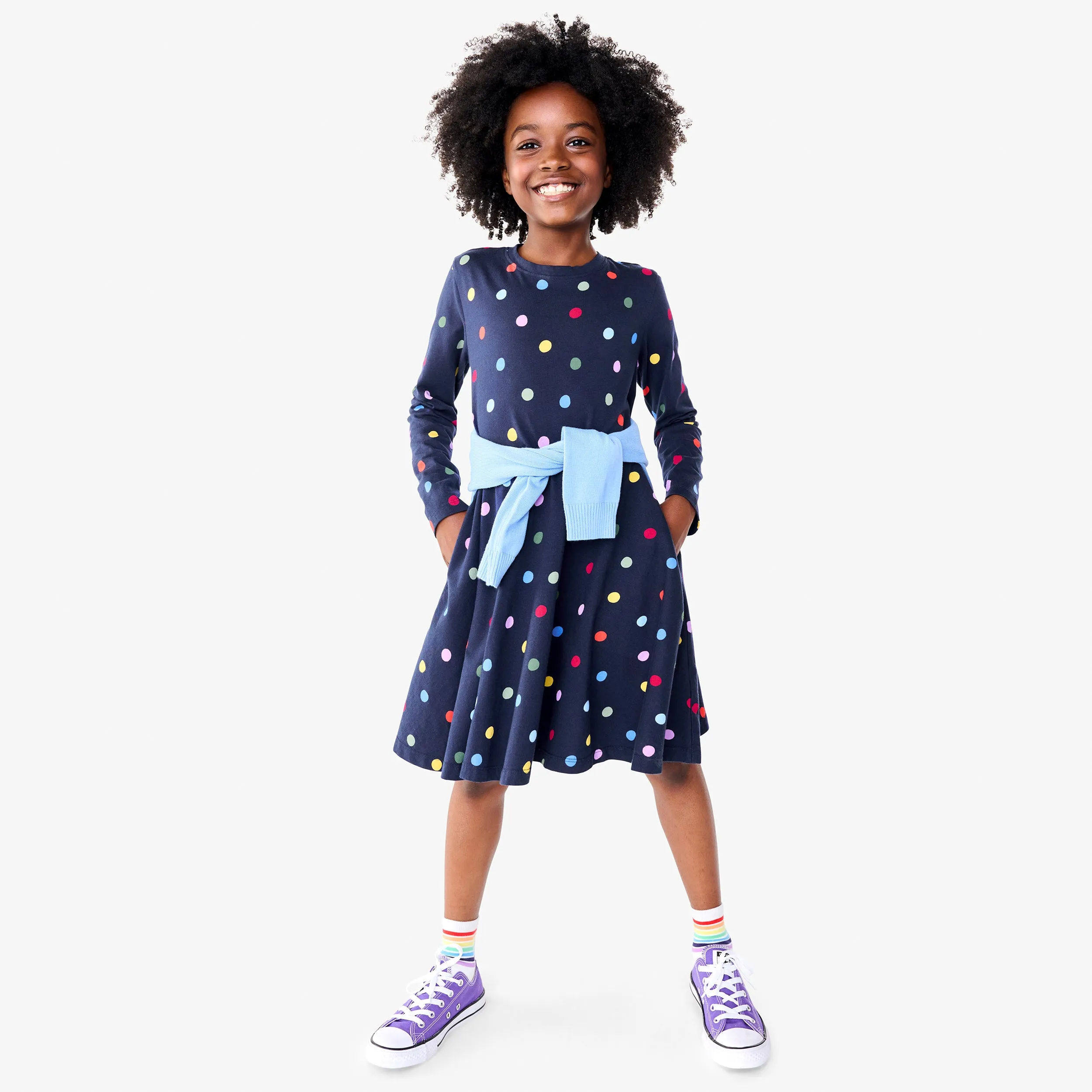 Long sleeve twirly dress in confetti dots