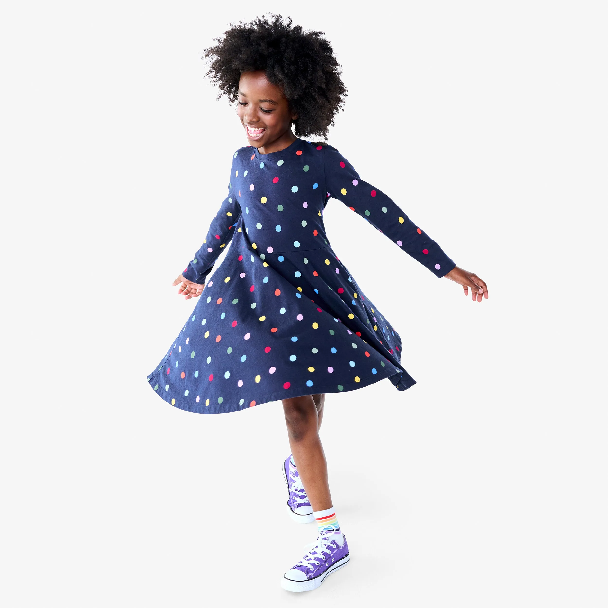 Long sleeve twirly dress in confetti dots