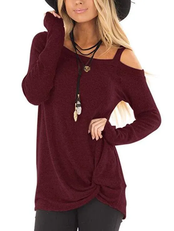 Long-sleeved stitching and knotted solid color sweater