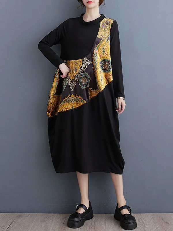 Long Sleeves Loose Asymmetric Printed Split-Joint Round-Neck Midi Dresses