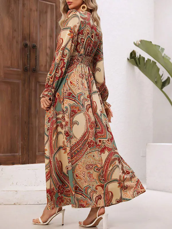 Loose Puff Sleeves Elasticity Printed V-Neck Maxi Dresses