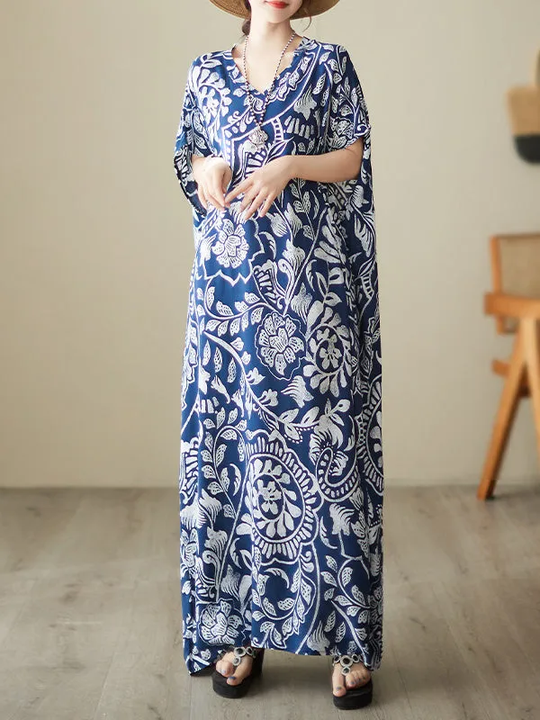 Loose Short Sleeves Floral Printed V-Neck Maxi Dresses