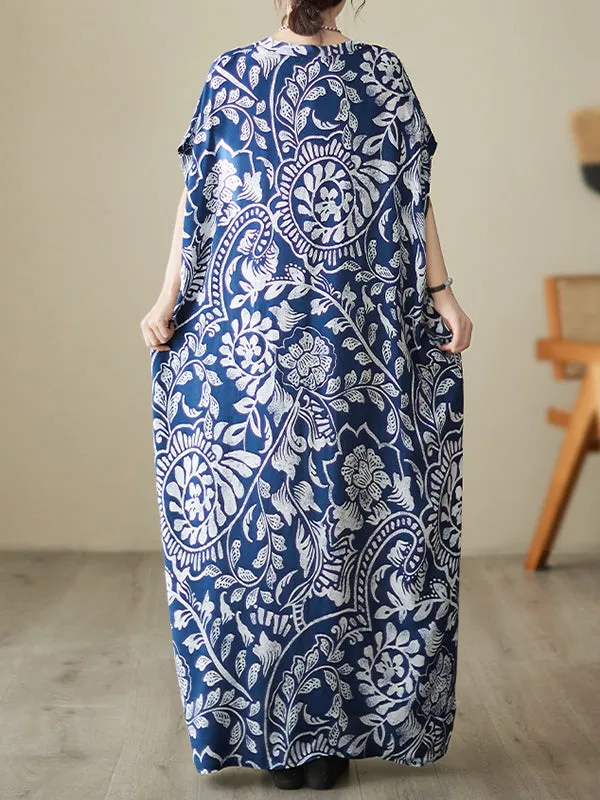 Loose Short Sleeves Floral Printed V-Neck Maxi Dresses