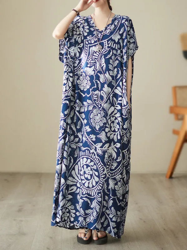 Loose Short Sleeves Floral Printed V-Neck Maxi Dresses