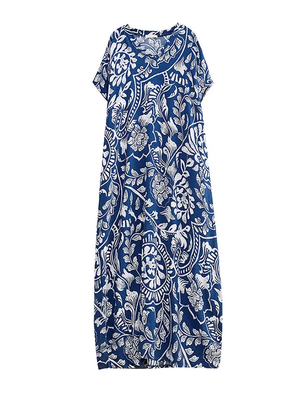 Loose Short Sleeves Floral Printed V-Neck Maxi Dresses