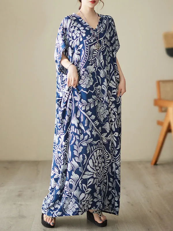 Loose Short Sleeves Floral Printed V-Neck Maxi Dresses