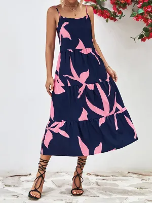 Loose Sleeveless Contrast Color Floral Printed Spaghetti-Neck Midi Dresses