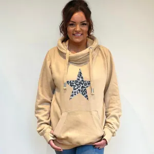 Luxury Cowl Neck Silver Leopard Star Hoodie - Latte