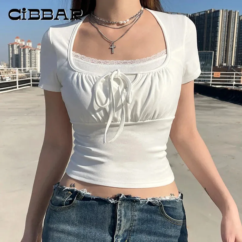 LVSANW CIBBAR White Stitched Crop Top Women Casual Vintage Fake Two-piece Lace Patchwork Short Sleeve T Shirt y2k Summer Tees Aesthetic