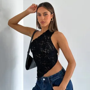 LVSANW Cutenova Lace Slant Neck Off Shoulder Irregular Hem Top Sexy See Through Solid Color One Shoulder Sleeveless Crop Backless Top