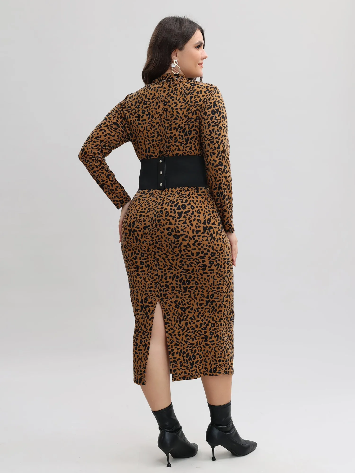 Midsize Leopard Tunic Long Sleeve Dress with Back Split