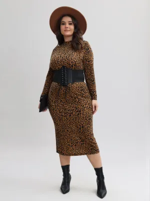 Midsize Leopard Tunic Long Sleeve Dress with Back Split