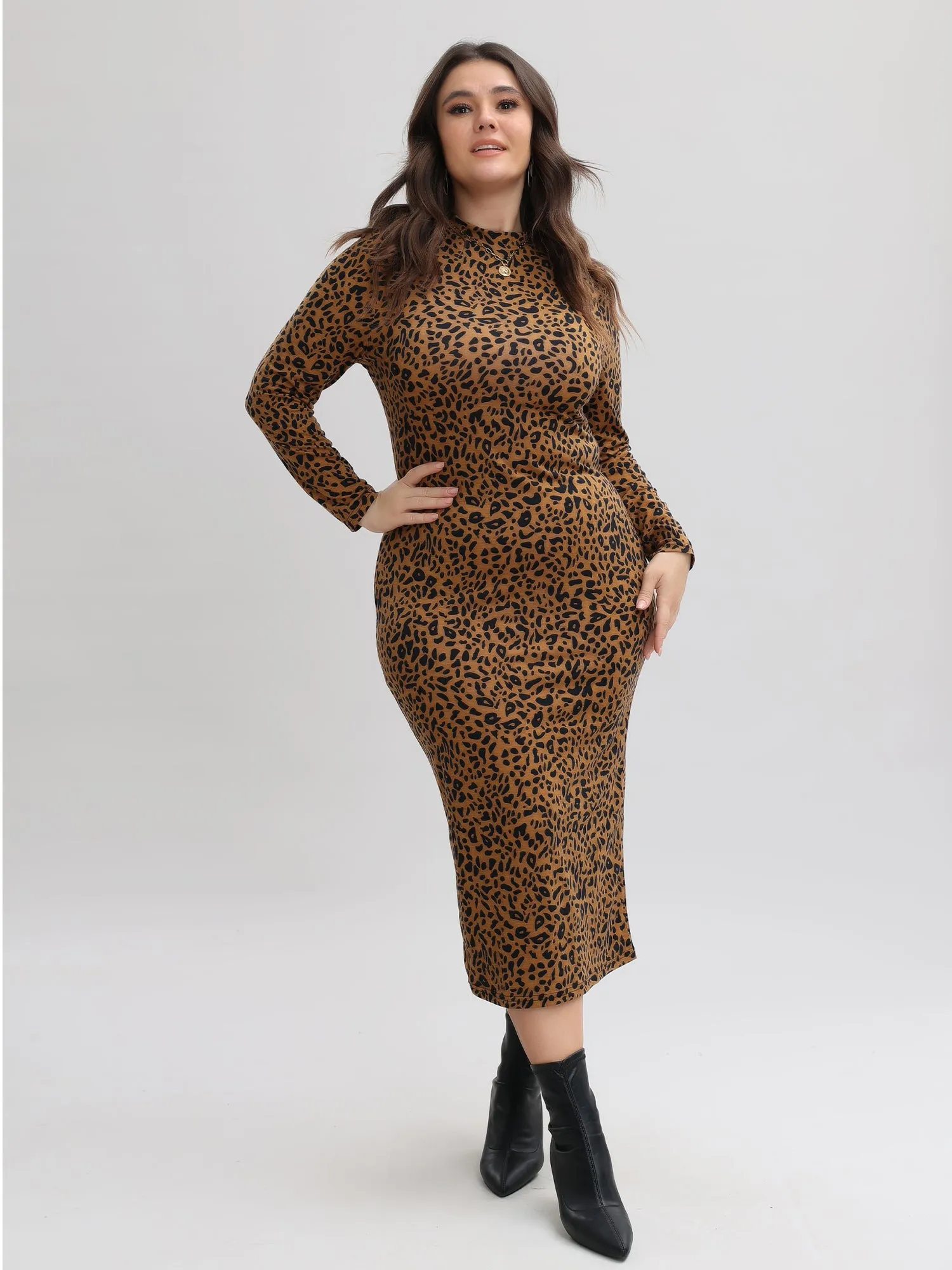 Midsize Leopard Tunic Long Sleeve Dress with Back Split