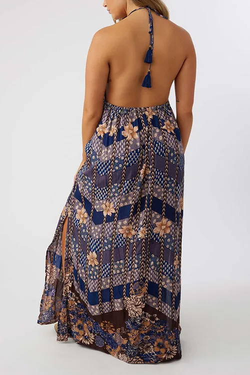 Multi Floral Print Halter Maxi Dress