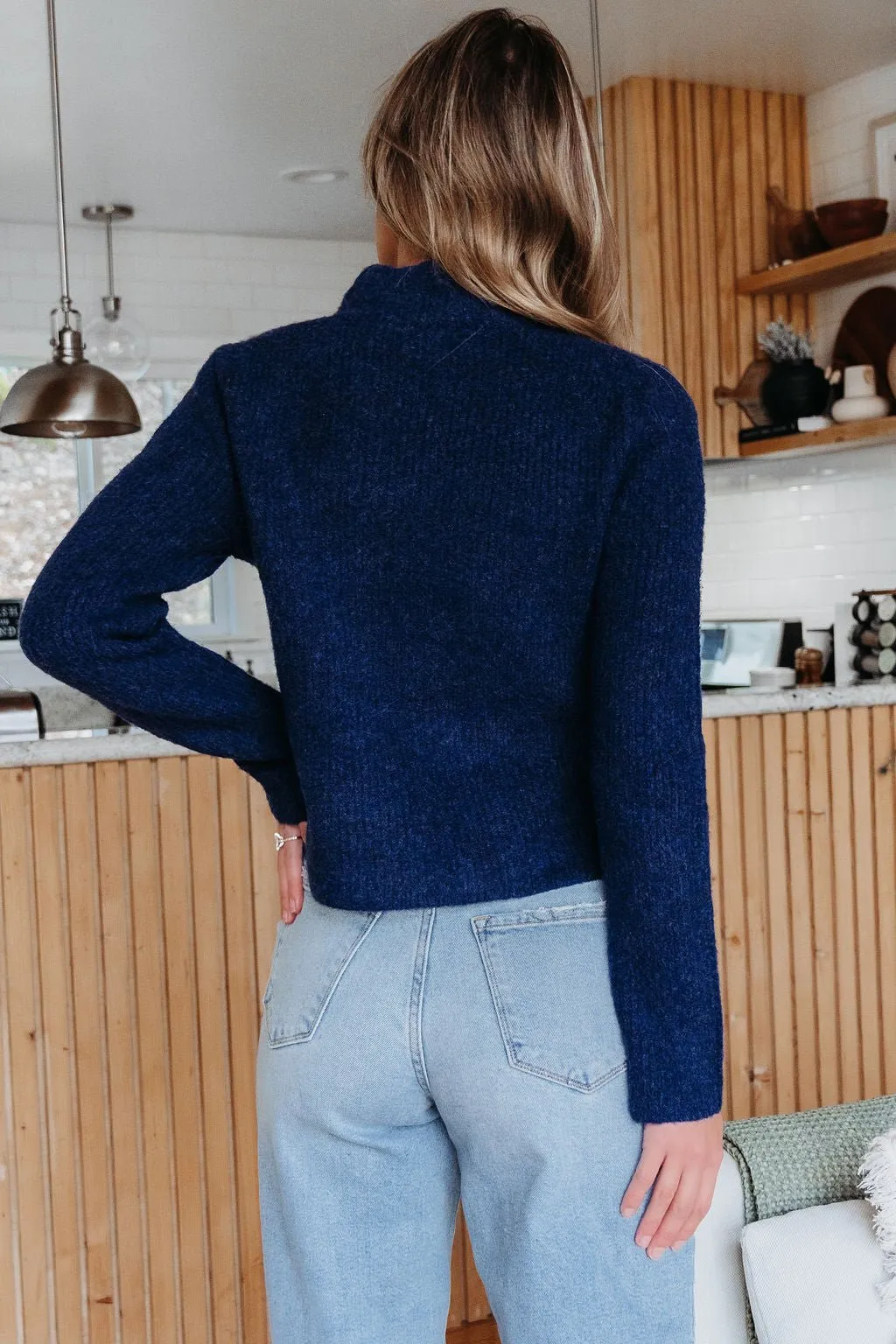 Navy Blue Mock Neck Ribbed Sweater