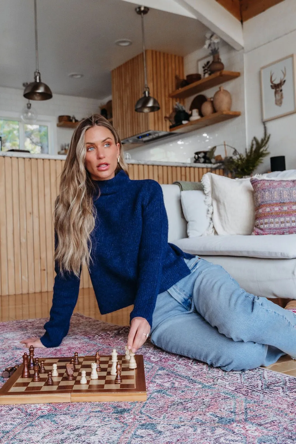 Navy Blue Mock Neck Ribbed Sweater