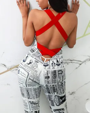 Newspaper Print Crisscross Back Casual Jumpsuit