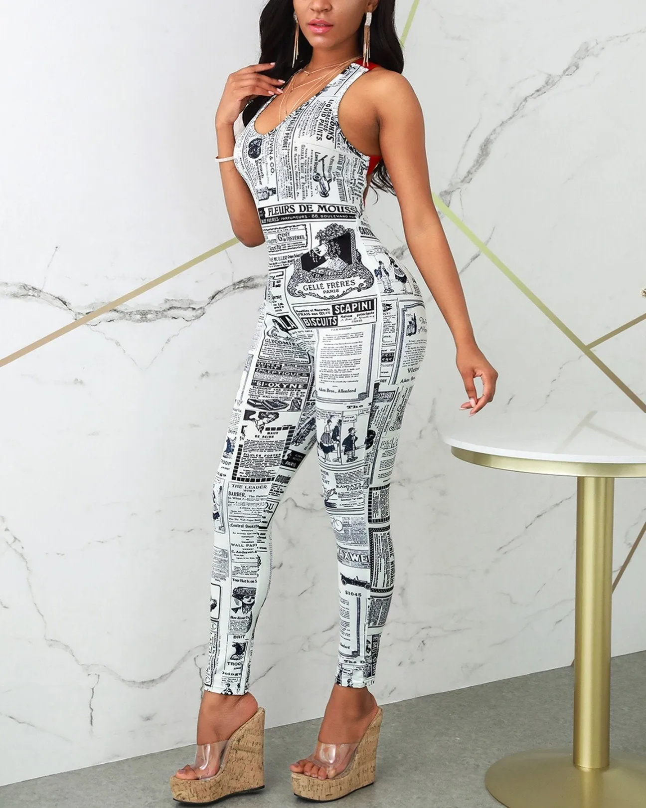 Newspaper Print Crisscross Back Casual Jumpsuit