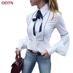 OOTN Office Bow Tie Blouses Women Lantern Sleeve White Blue Tunic Button Down Shirts Female Elegant Top 2018 Winter Autumn Tops