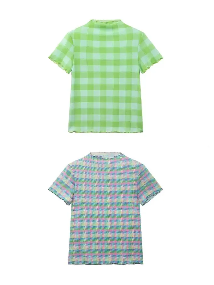 Plaid mesh lace short sleeve tops【s0000009055】