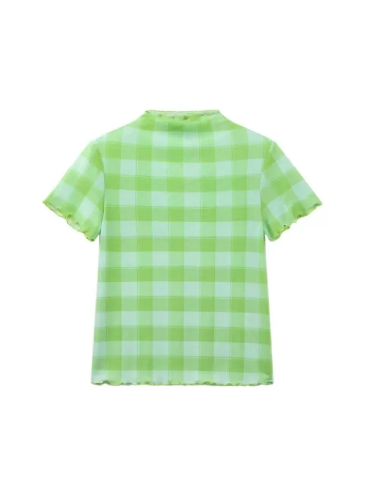 Plaid mesh lace short sleeve tops【s0000009055】