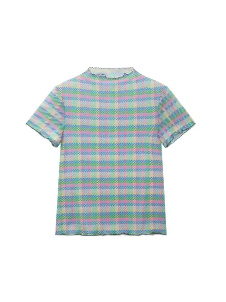 Plaid mesh lace short sleeve tops【s0000009055】