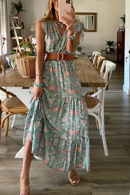 Ruffles Floral Print Maxi Dress