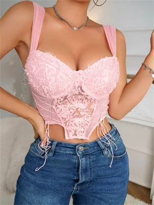 Sexy Bustiers Corsets Push Up Floral Embroidery Mesh See Through Camisole Y2K Spaghetti Strap Slim Tops Crop Top