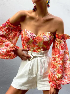 Sexy strapless chest-wrapped printed lantern sleeve chiffon shirt