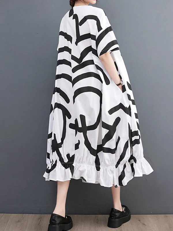 Short Sleeves Loose Abstract Printed Printed Round-Neck Midi Dresses