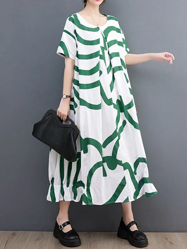 Short Sleeves Loose Abstract Printed Printed Round-Neck Midi Dresses