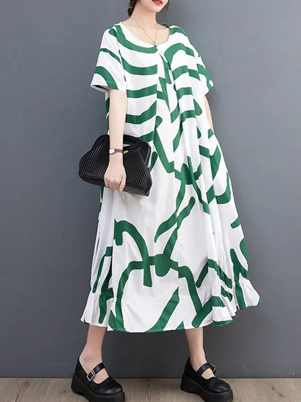 Short Sleeves Loose Abstract Printed Printed Round-Neck Midi Dresses