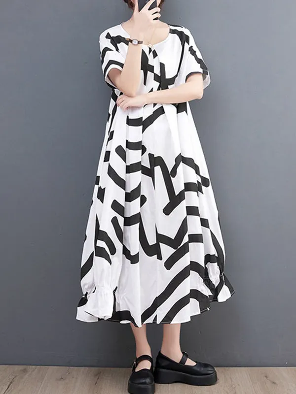 Short Sleeves Loose Abstract Printed Printed Round-Neck Midi Dresses