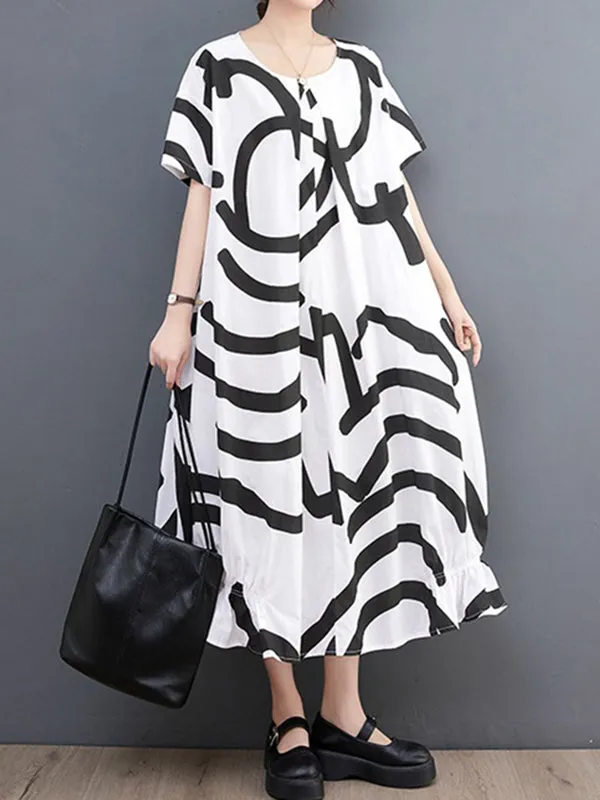 Short Sleeves Loose Abstract Printed Printed Round-Neck Midi Dresses